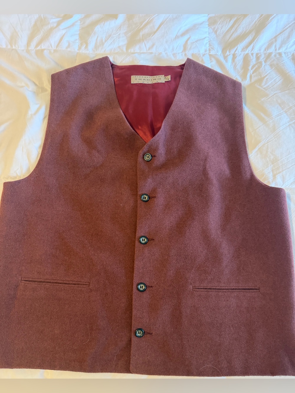 International Trading Company Men's Button Front Wool Suit Vest in Burgundy